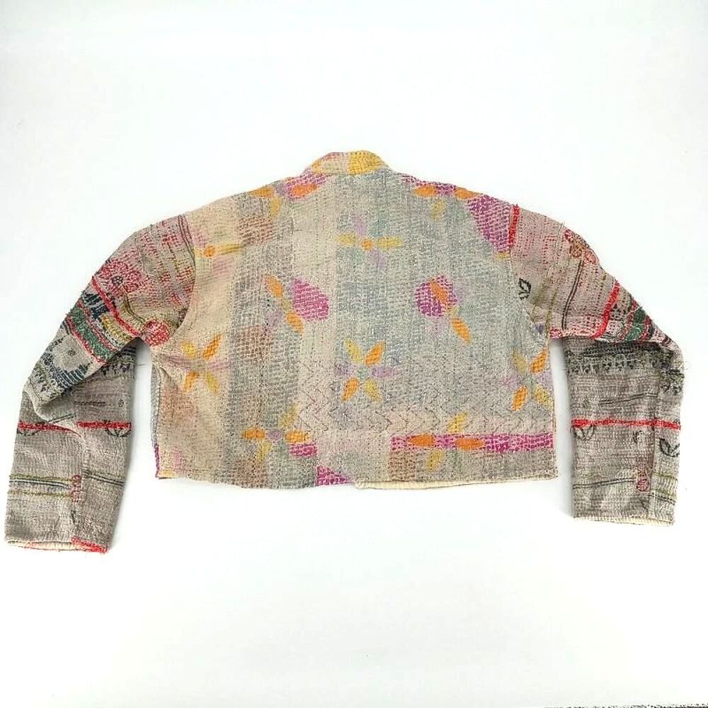Reversible Kantha Quilted Patchwork Cropped Jacket Handmade Boho Wearable Art - Picture 10 of 14